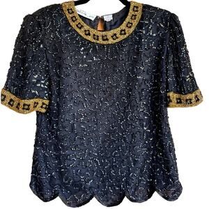 Vintage, Scala, 100% Silk Blouse, Fully Beaded & Sequins, Black, Petite Medium